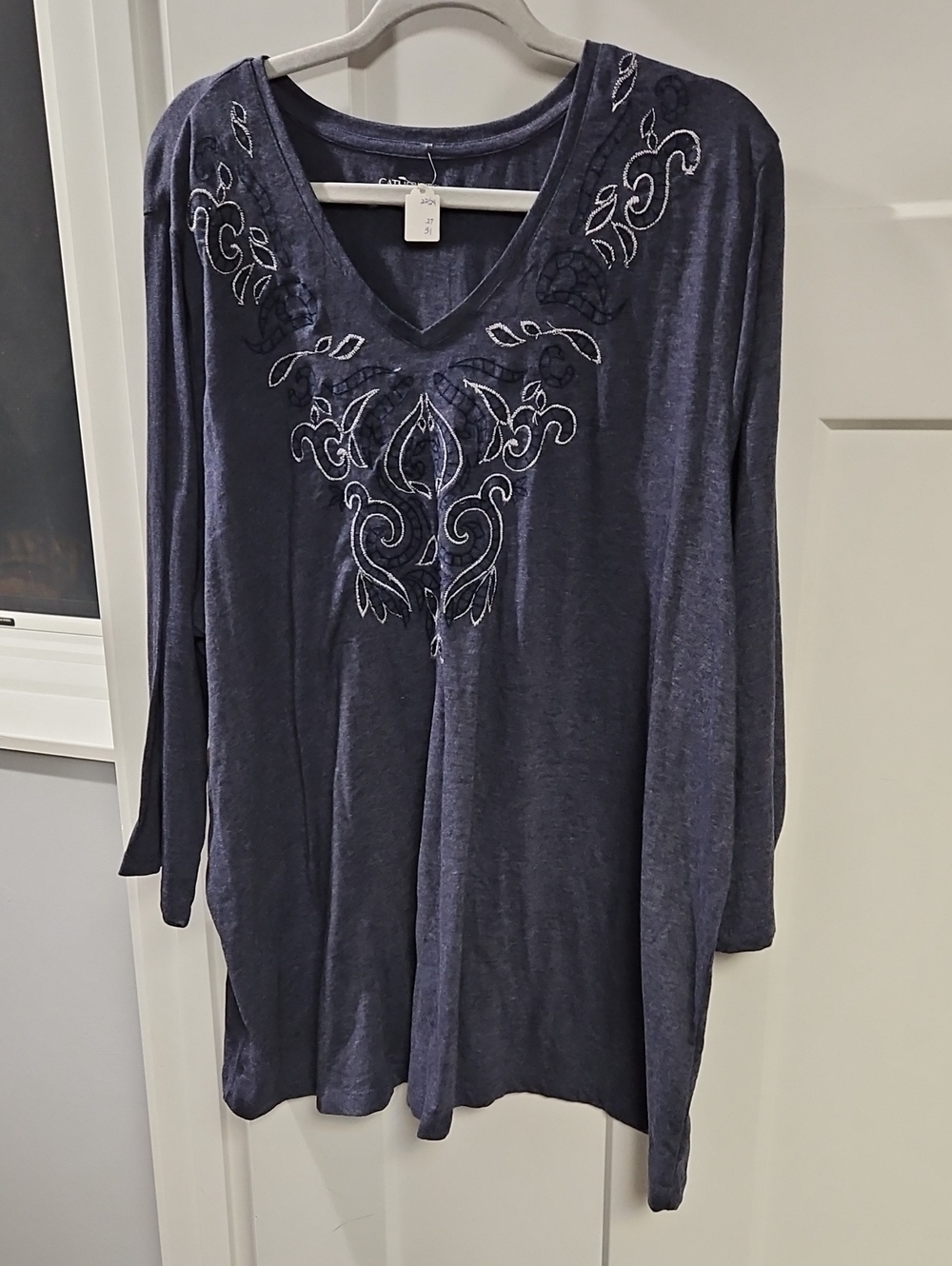 Catherines Navy Embroidered V-Neck Long Sleeve Top